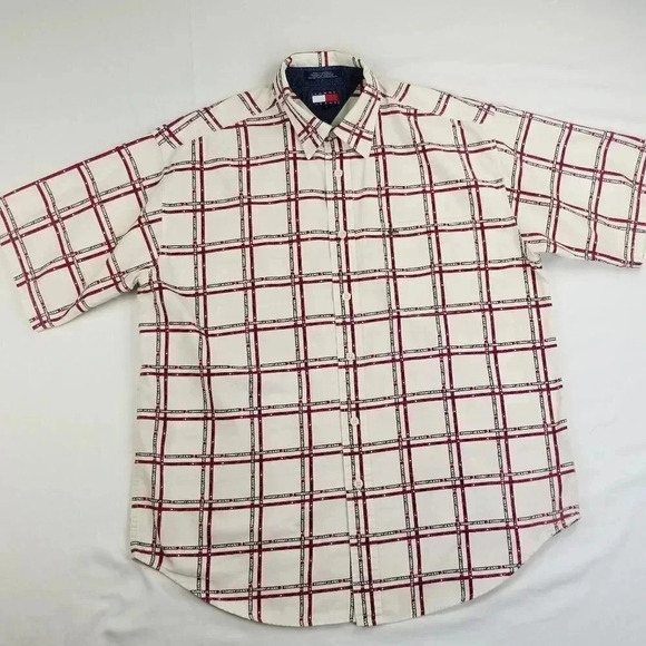 Tommy Jeans Cream Check Spell Out Large Mens Shirt - Picture 1 of 9